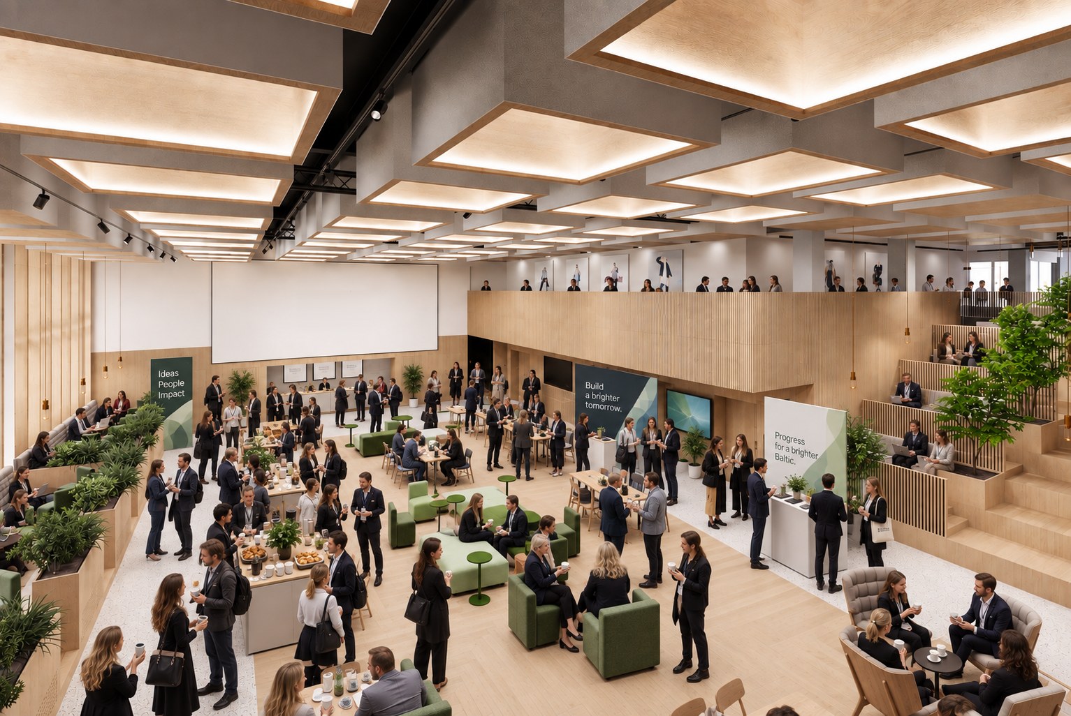 The Eedu atrium, with people talking over coffee among the tables, seating and tiered steps