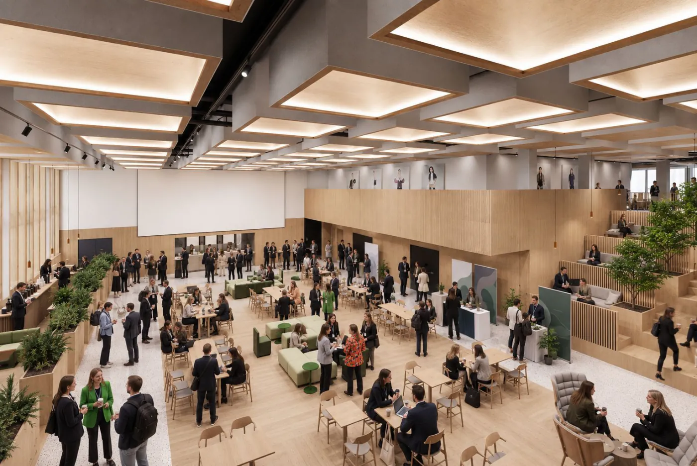 The Eedu atrium, guests talking between tables and seating areas