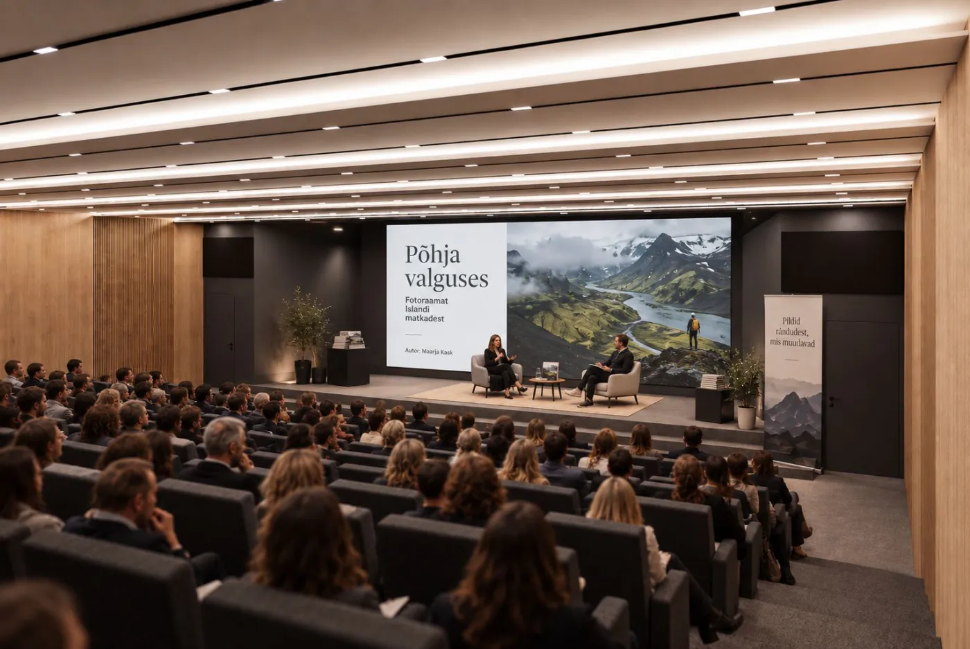 The Eedu raked auditorium, a tiered hall with an audience and a talk on stage