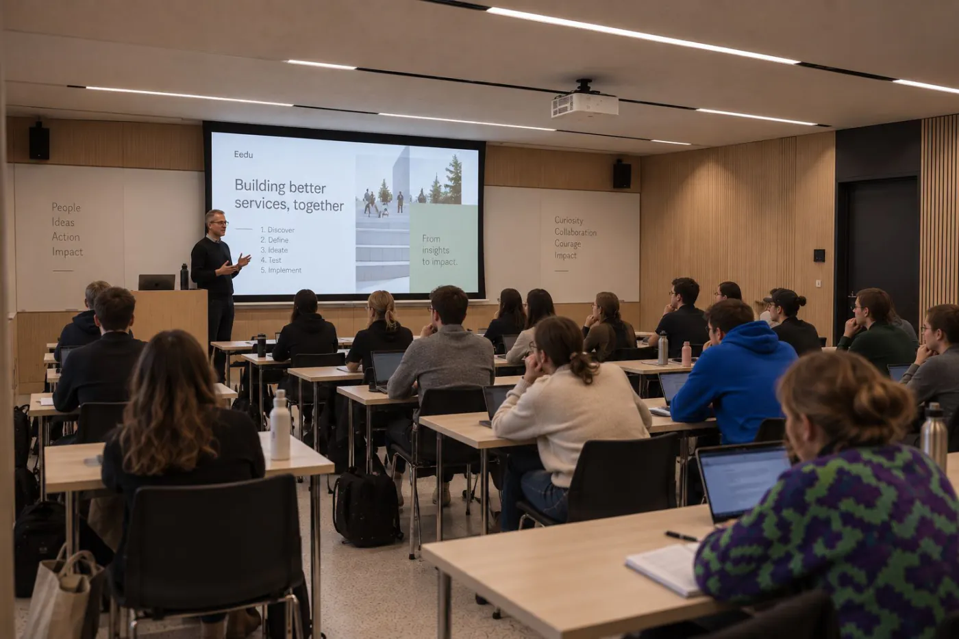 An Eedu classroom with movable tables and a presentation screen