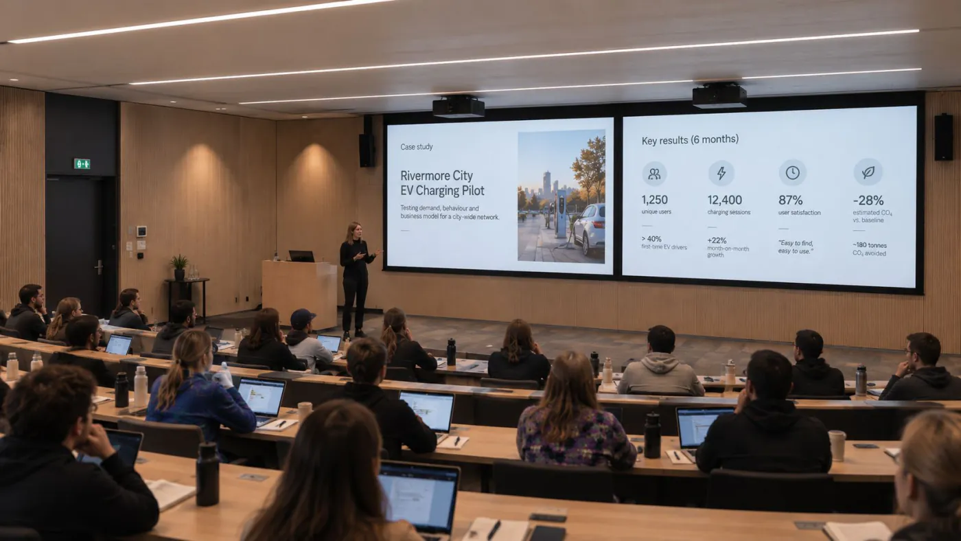 An Eedu lecture hall with tiered seating and two presentation screens