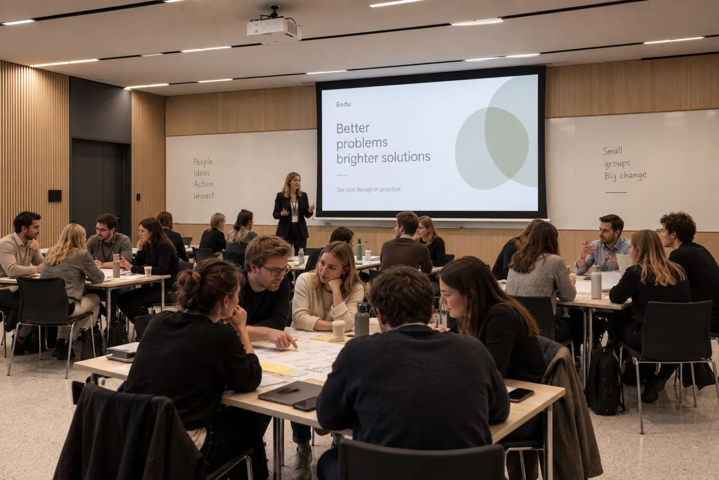 The Eedu large lecture hall, group tables and a presentation screen